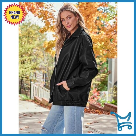 Oversized Faux Leather Motorcycle Jacket - Zipper Closure Fall Coat - Picture 4 of 7